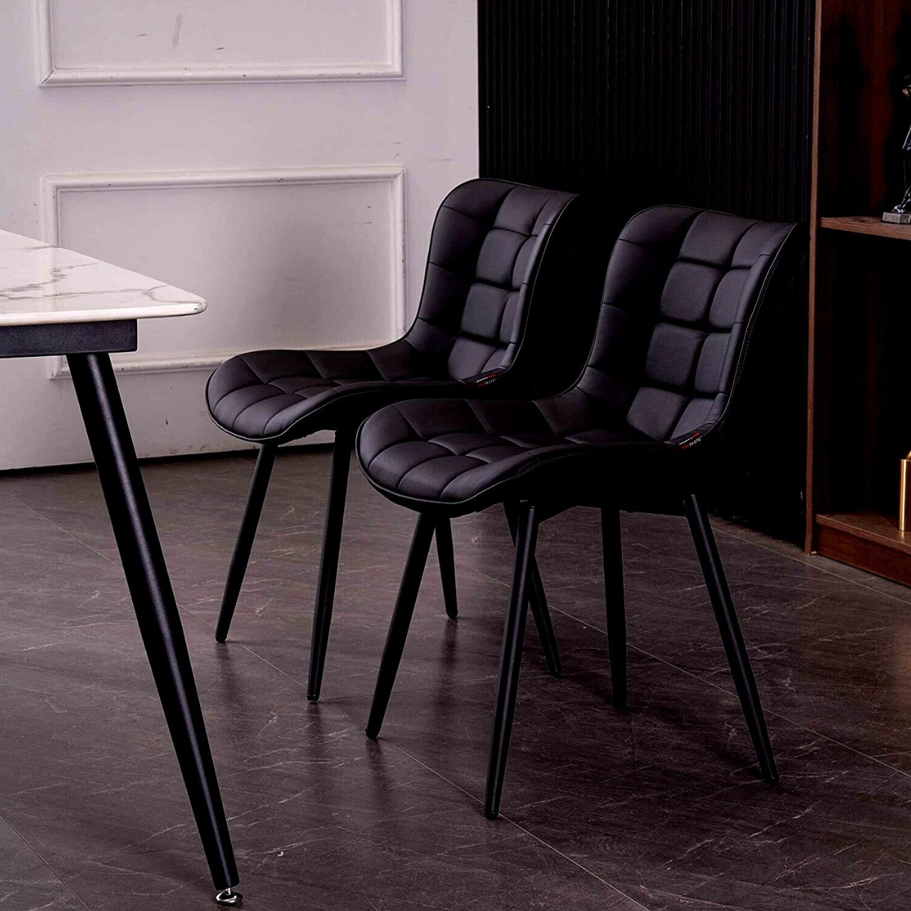 Black PU leather dining chair with soft padded seat and metal legs – set of 2