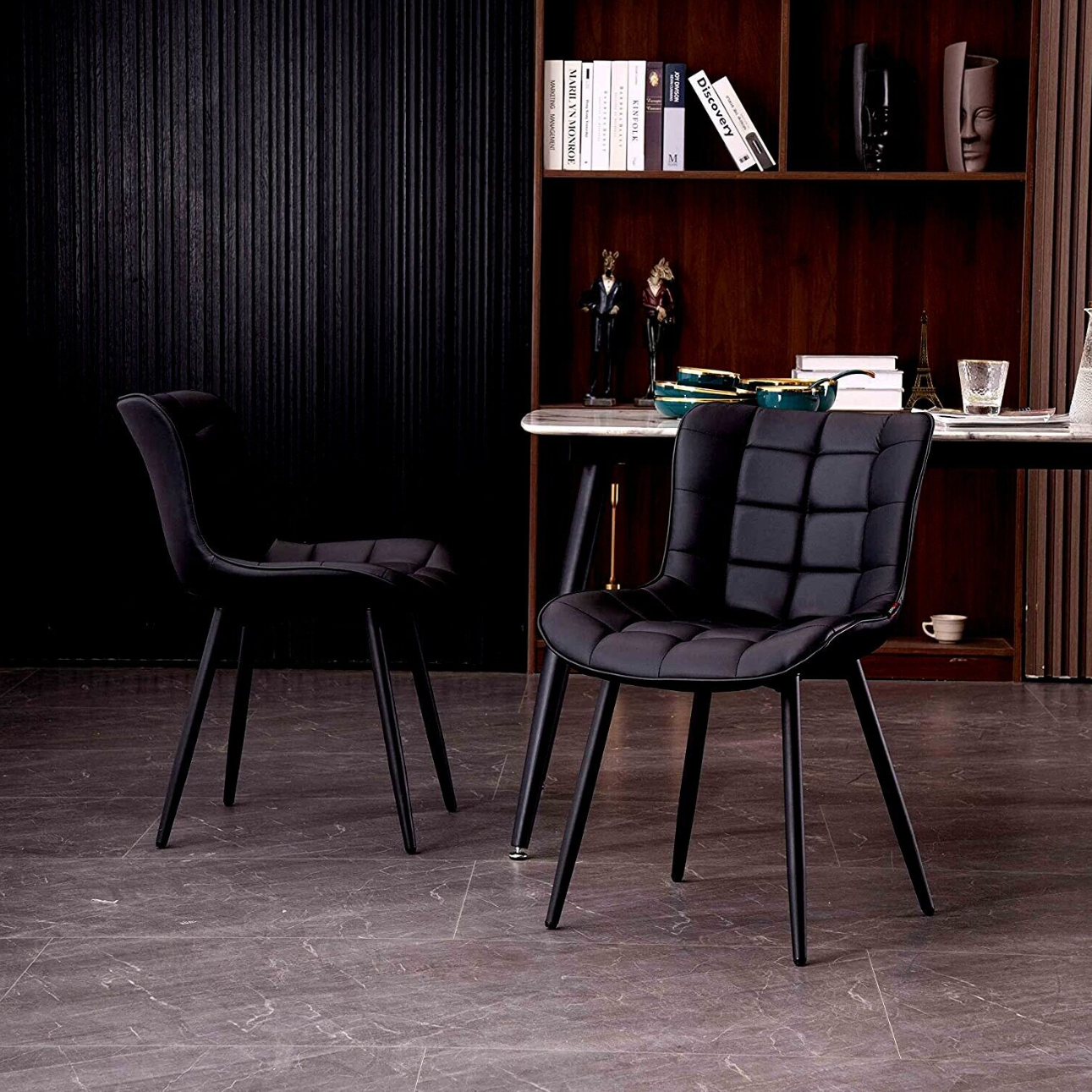 Black PU leather dining chair with soft padded seat and metal legs – set of 2