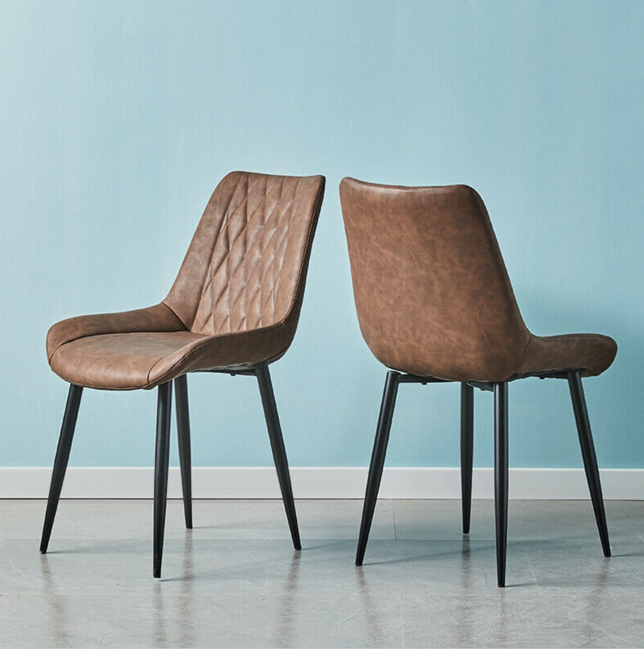 Modern brown faux leather dining chair with padded seat and metal frame – set of 2