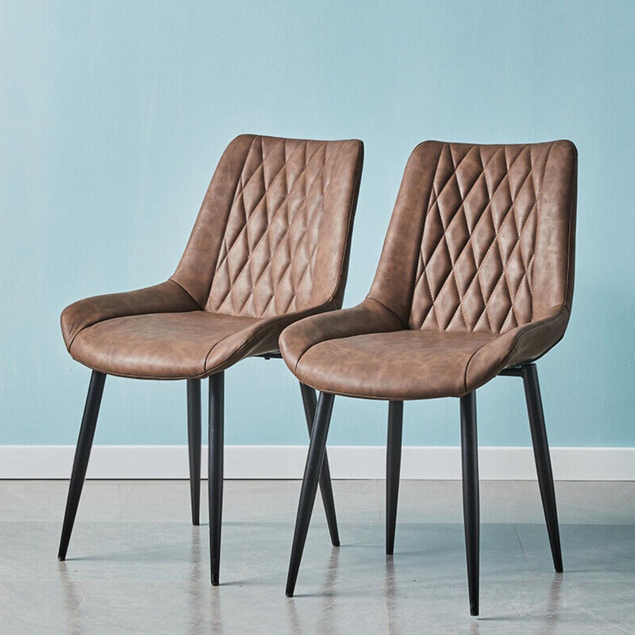 Modern brown faux leather dining chair with padded seat and metal frame – set of 2