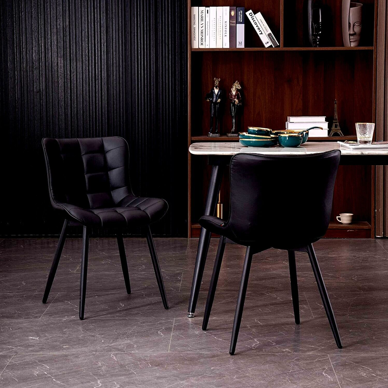 2 x Premium Black Dining Chairs PU Faux Leather Soft Padded Kitchen Dining Room