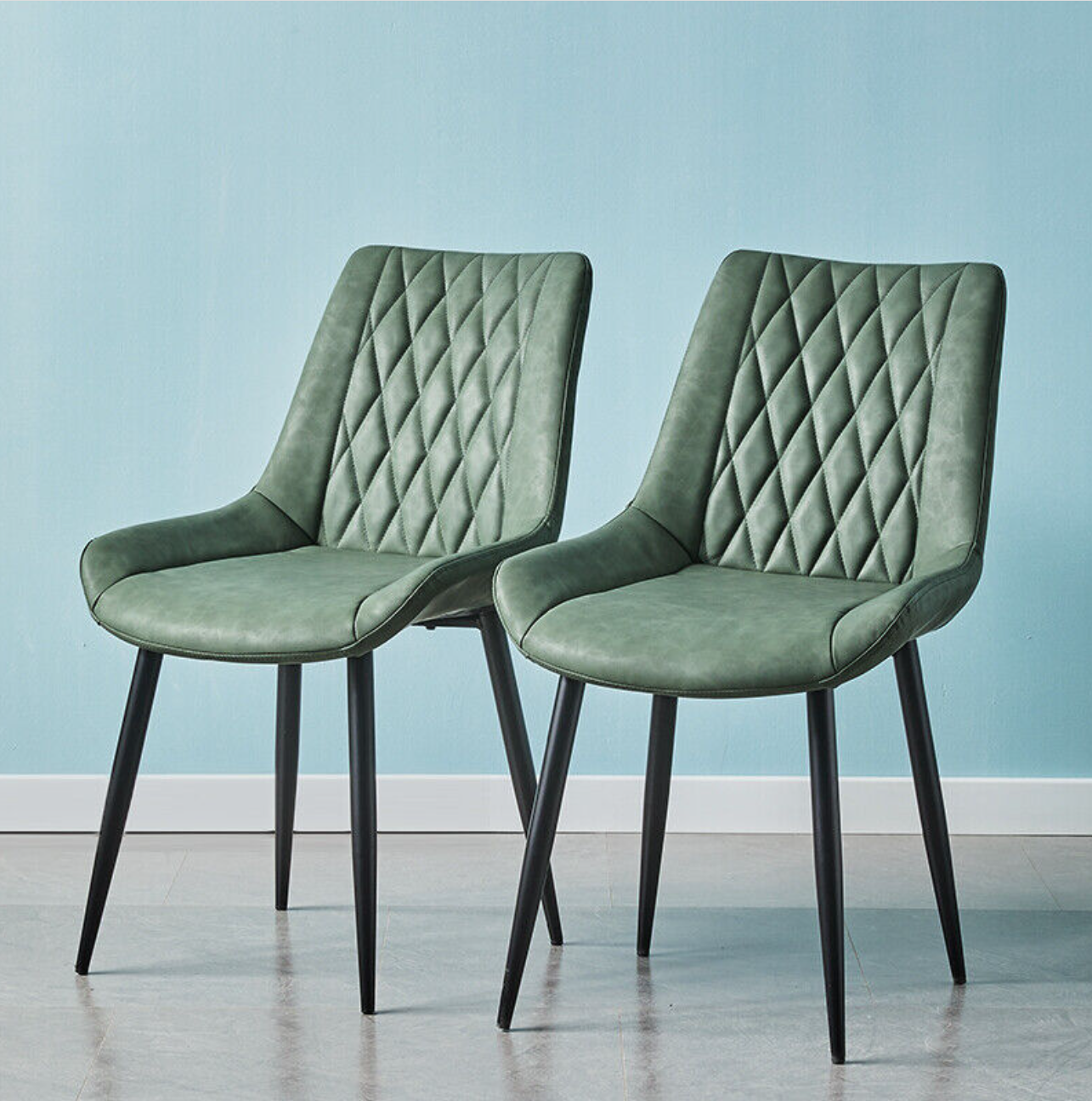 Green faux leather dining chair with diamond stitching and padded seat – set of 2