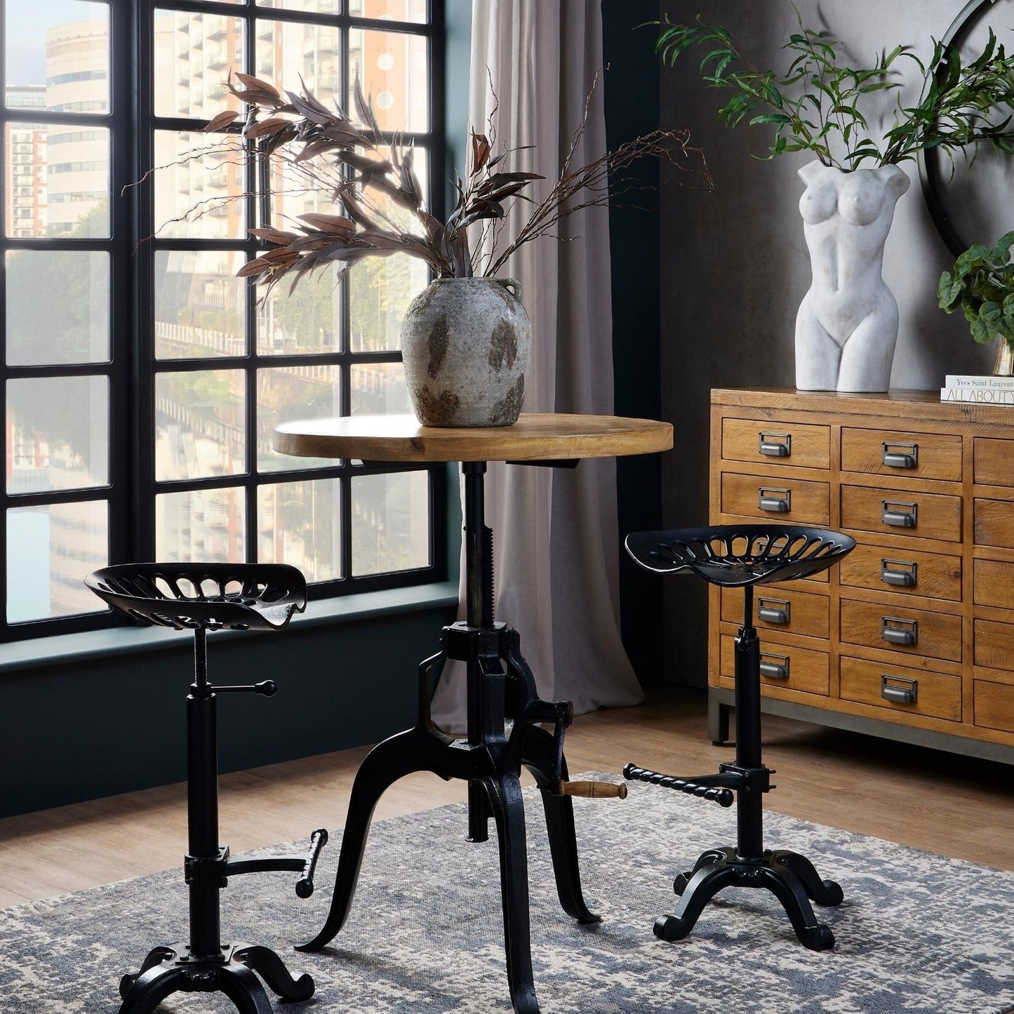 Industrial crank-adjustable bistro bar table, 70cm round top