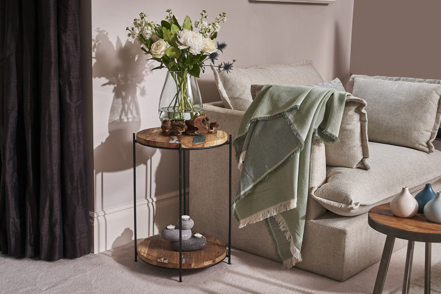 Round reclaimed wood shelving unit with metal frame – available in 2, 3, or 4 tiers – Dockhouse Series