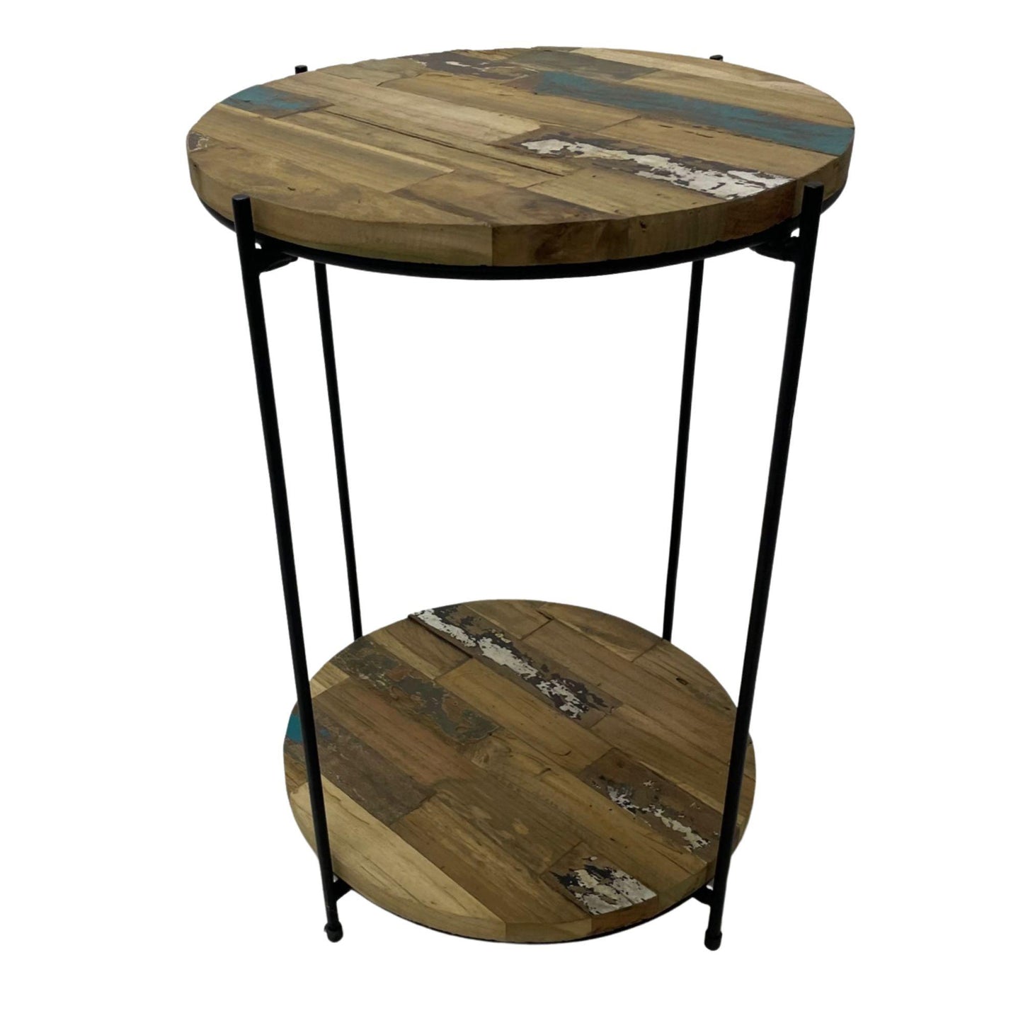 Round reclaimed wood shelving unit with metal frame – available in 2, 3, or 4 tiers – Dockhouse Series