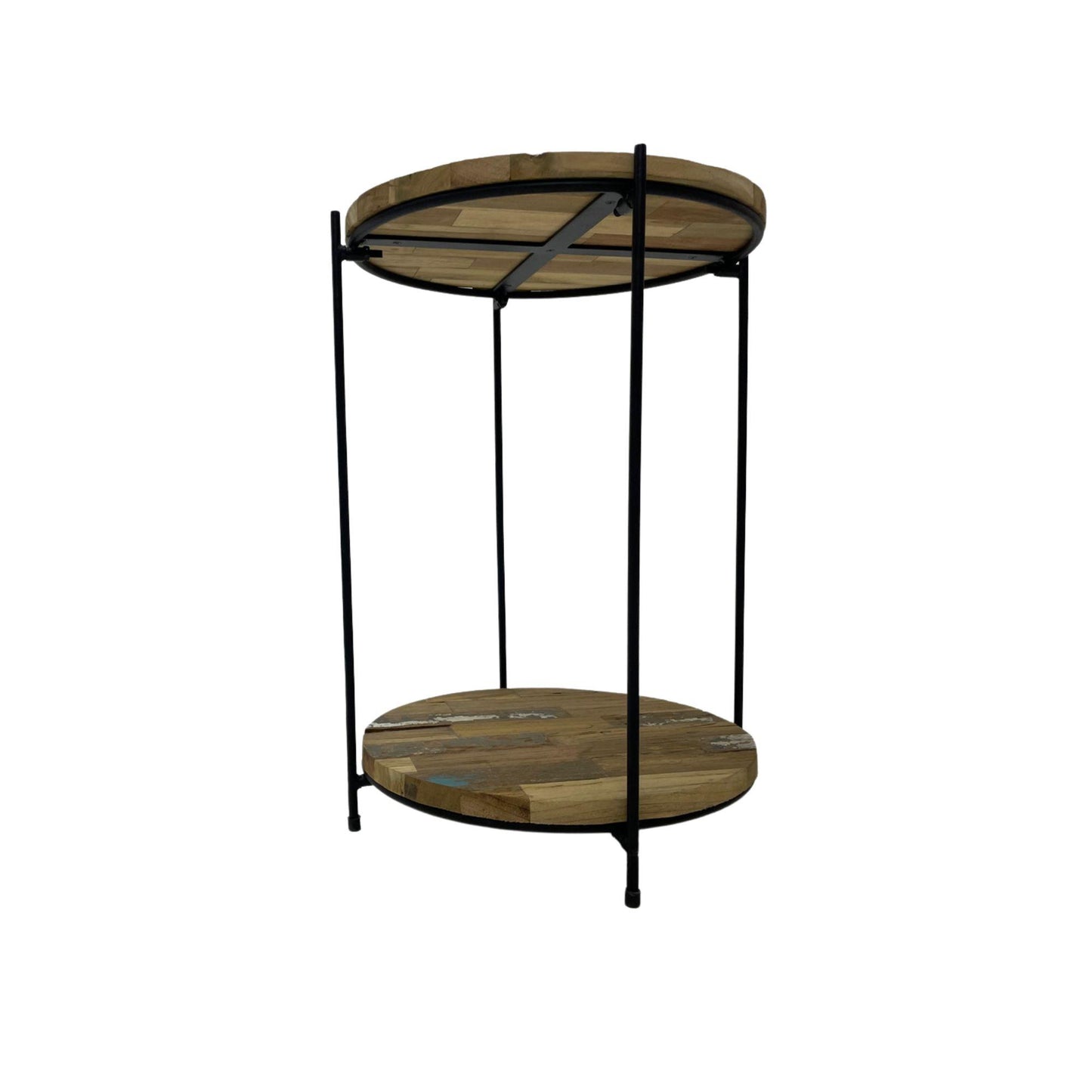 Round reclaimed wood shelving unit with metal frame – available in 2, 3, or 4 tiers – Dockhouse Series