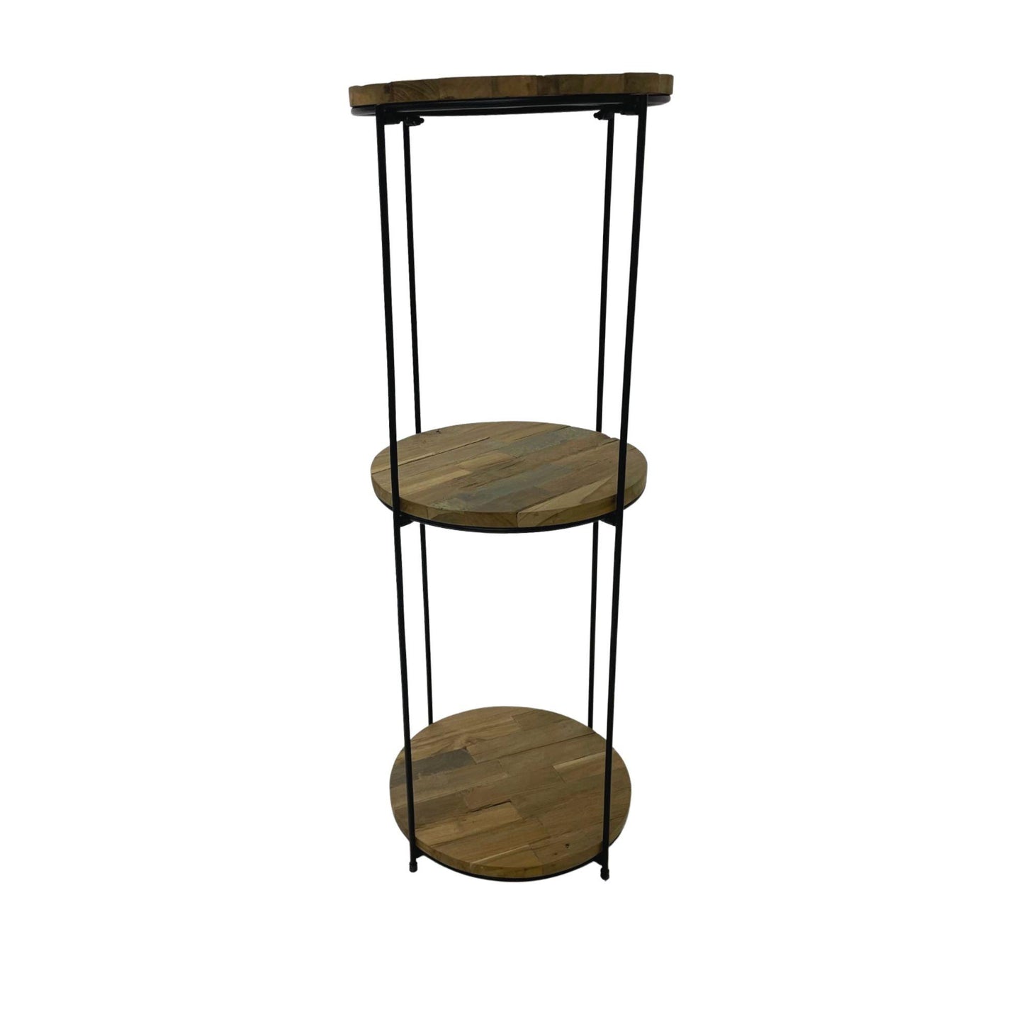 Round reclaimed wood shelving unit with metal frame – available in 2, 3, or 4 tiers – Dockhouse Series