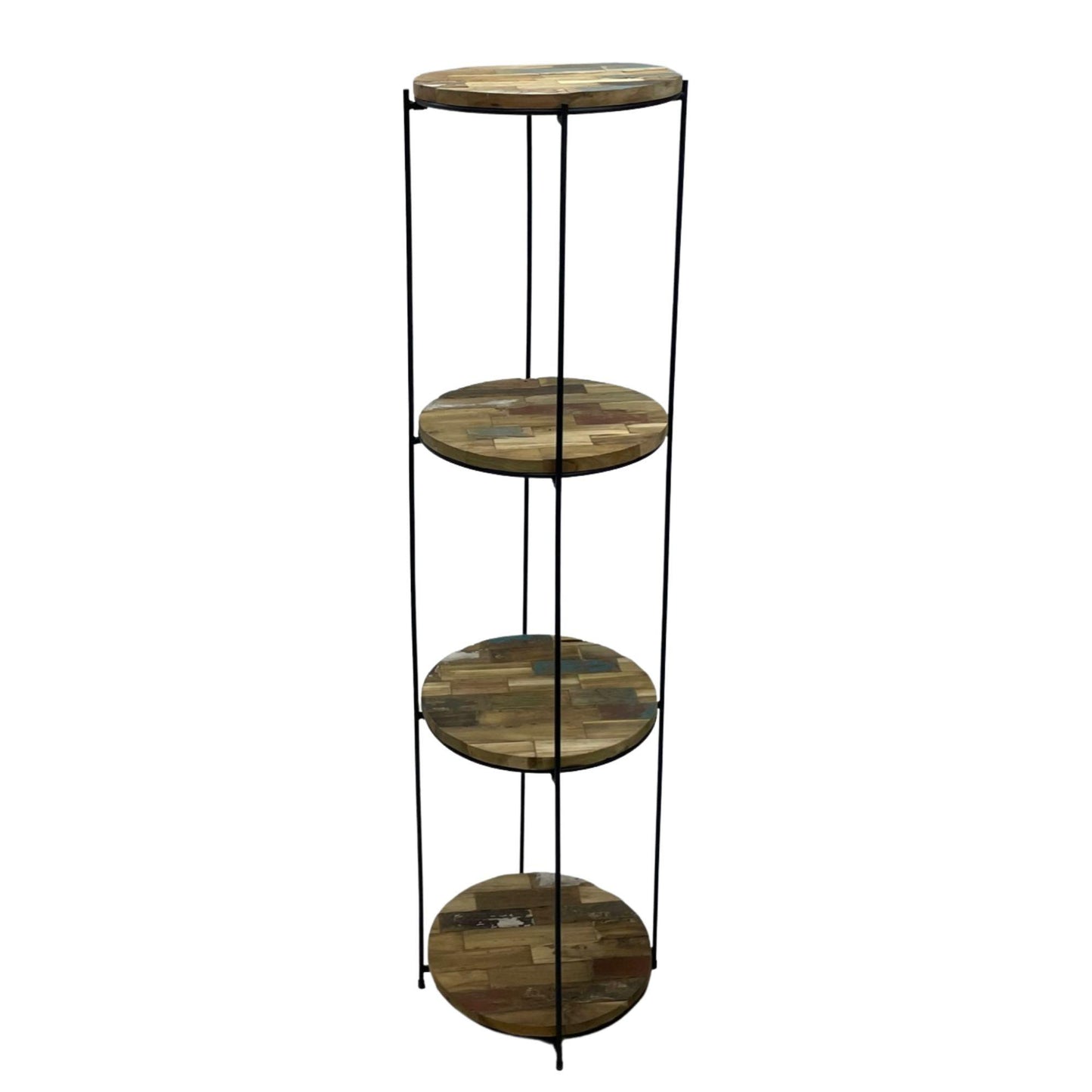 Round reclaimed wood shelving unit with metal frame – available in 2, 3, or 4 tiers – Dockhouse Series
