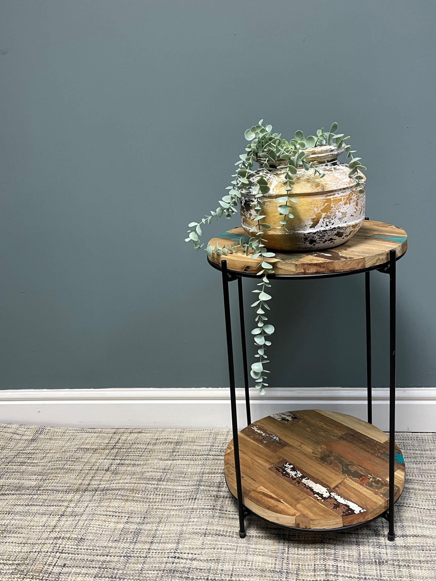Round reclaimed wood shelving unit with metal frame – available in 2, 3, or 4 tiers – Dockhouse Series