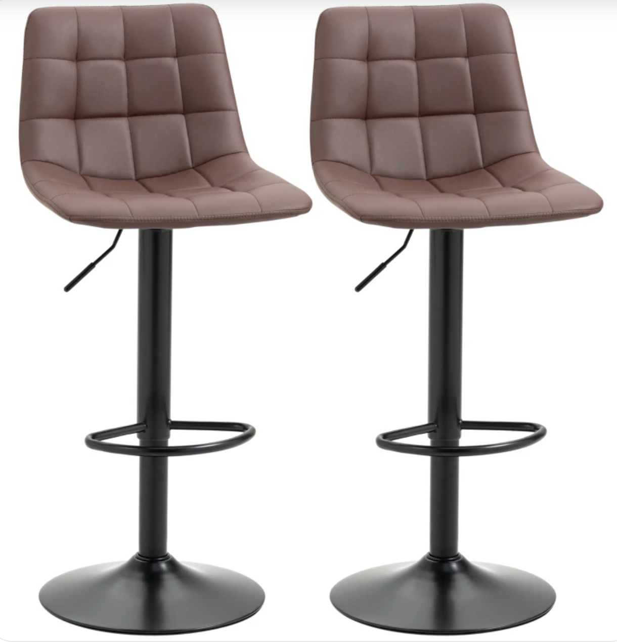 Set of 2 brown adjustable bar stools with swivel seat, quilted faux leather, padded backrest, and footrest – perfect for kitchen counter or home bar