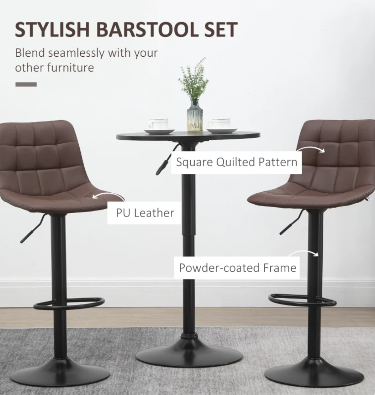 Set of 2 brown adjustable bar stools with swivel seat, quilted faux leather, padded backrest, and footrest – perfect for kitchen counter or home bar