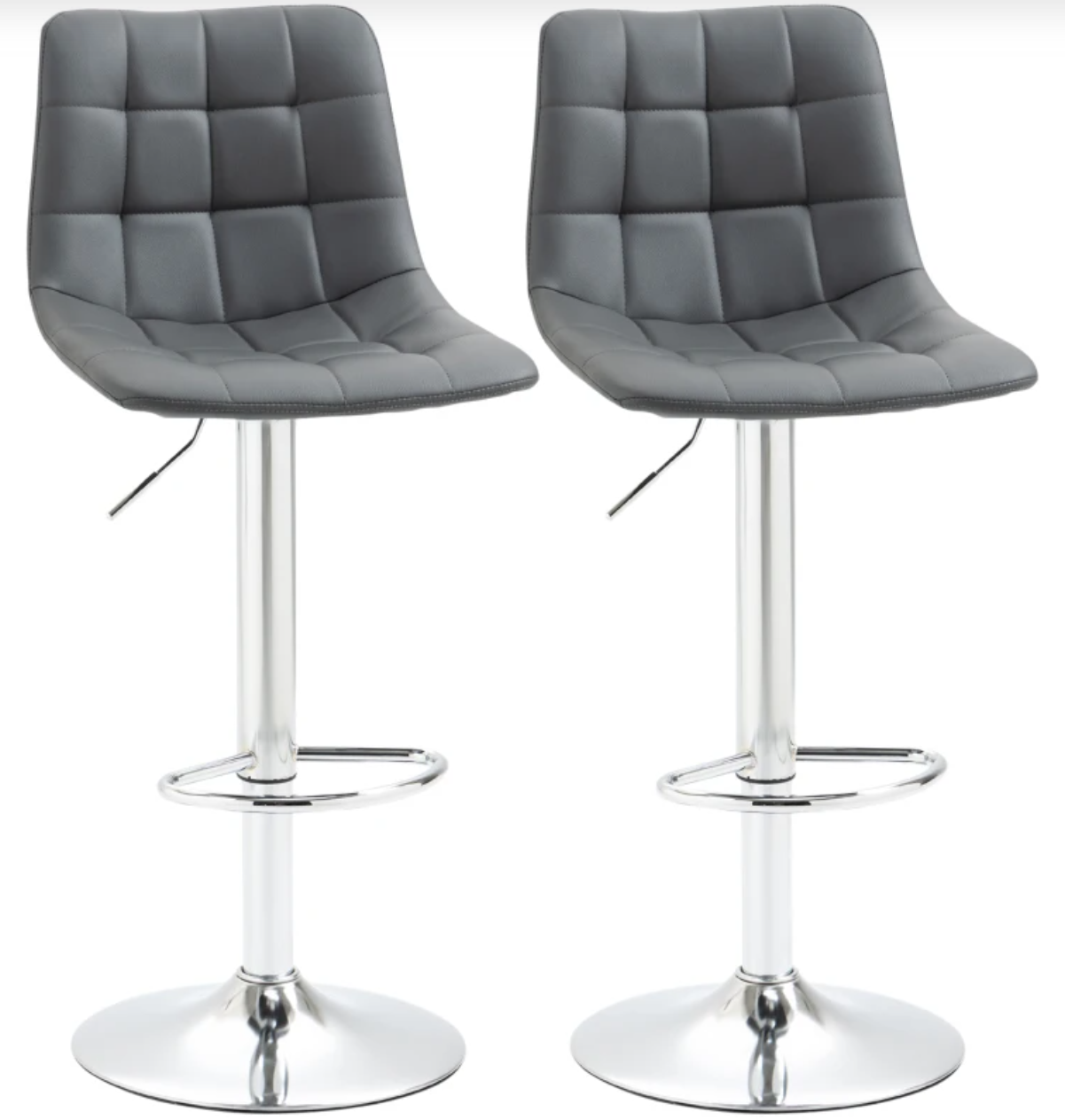 Set of 2 modern grey bar stools with adjustable swivel seat, padded back, and footrest – ideal for kitchen island or breakfast bar seating