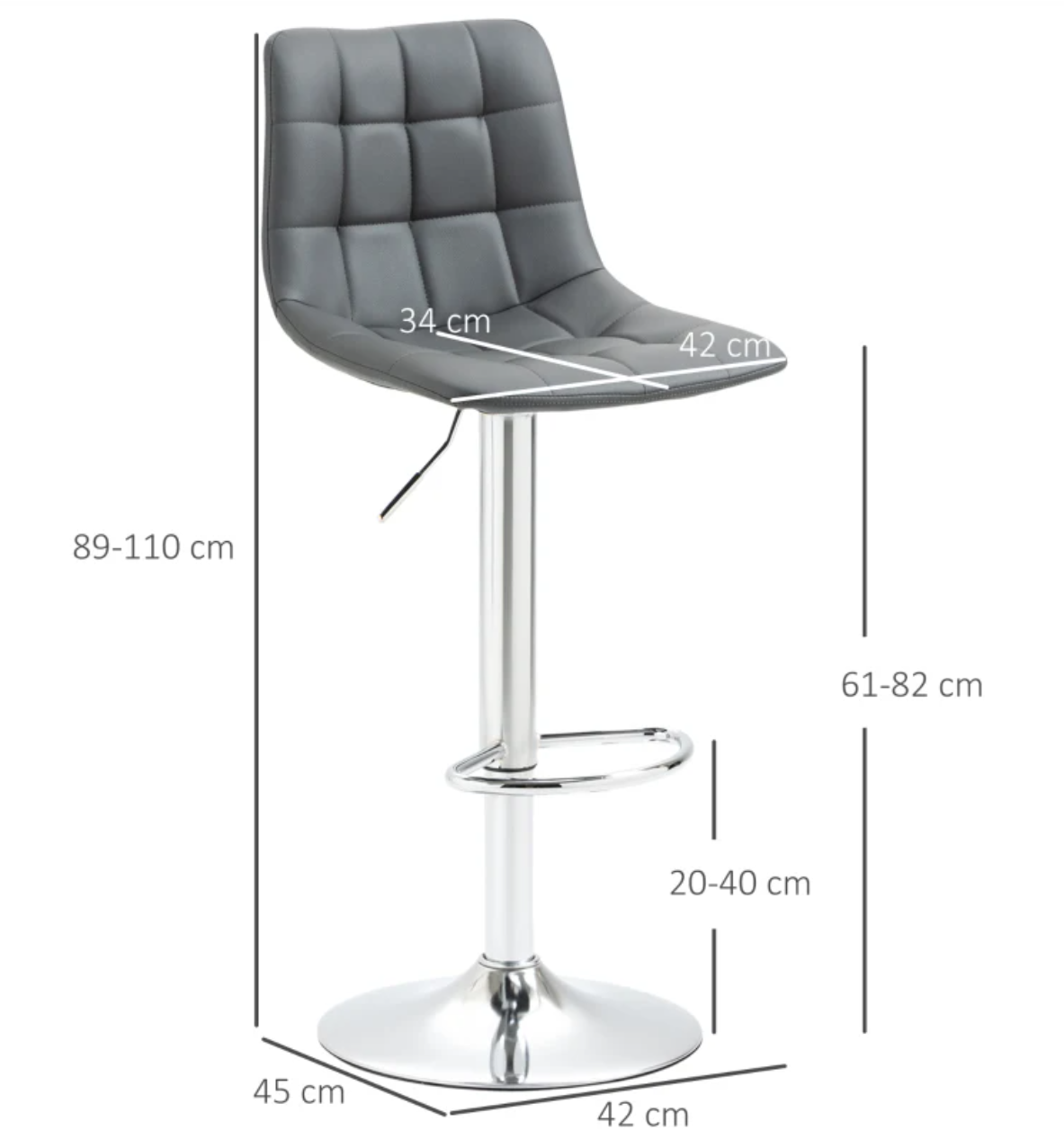 Set of 2 modern grey bar stools with adjustable swivel seat, padded back, and footrest – ideal for kitchen island or breakfast bar seating