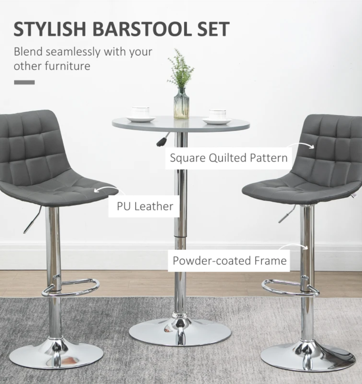 Set of 2 modern grey bar stools with adjustable swivel seat, padded back, and footrest – ideal for kitchen island or breakfast bar seating