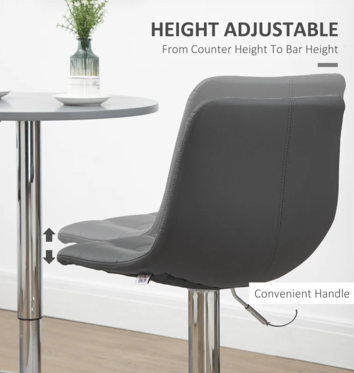 Set of 2 modern grey bar stools with adjustable swivel seat, padded back, and footrest – ideal for kitchen island or breakfast bar seating