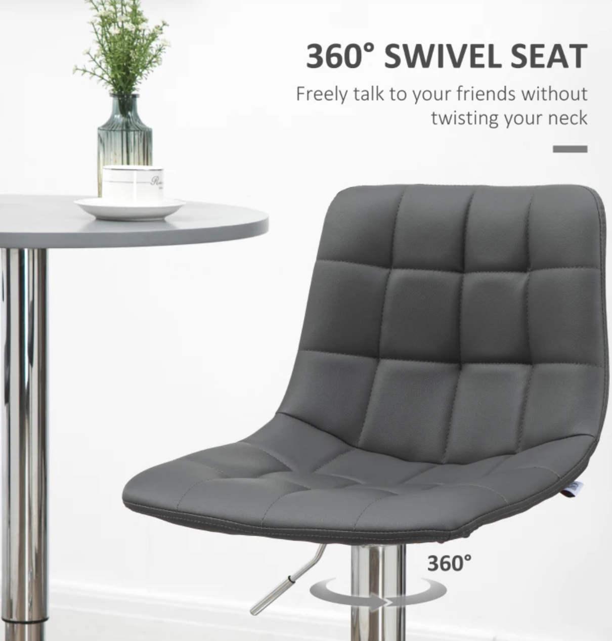 Set of 2 modern grey bar stools with adjustable swivel seat, padded back, and footrest – ideal for kitchen island or breakfast bar seating