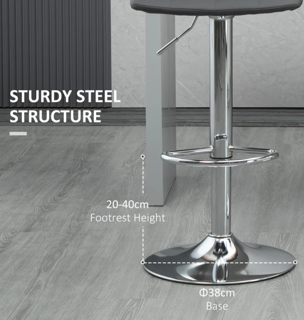 Set of 2 modern grey bar stools with adjustable swivel seat, padded back, and footrest – ideal for kitchen island or breakfast bar seating