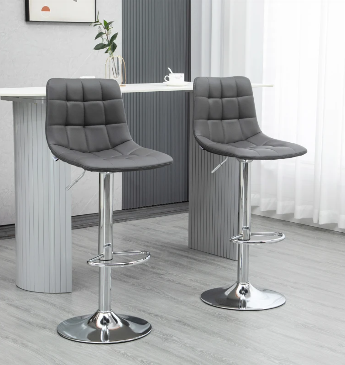 Set of 2 modern grey bar stools with adjustable swivel seat, padded back, and footrest – ideal for kitchen island or breakfast bar seating