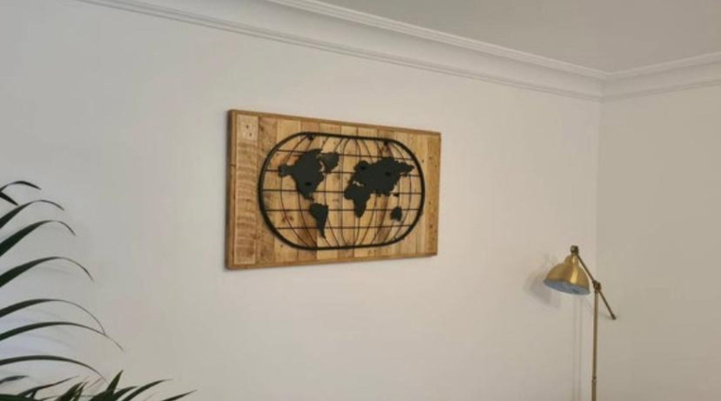Handmade reclaimed wood wall art featuring Tree of Life or World Map metal inlay – rustic and eco-friendly décor piece