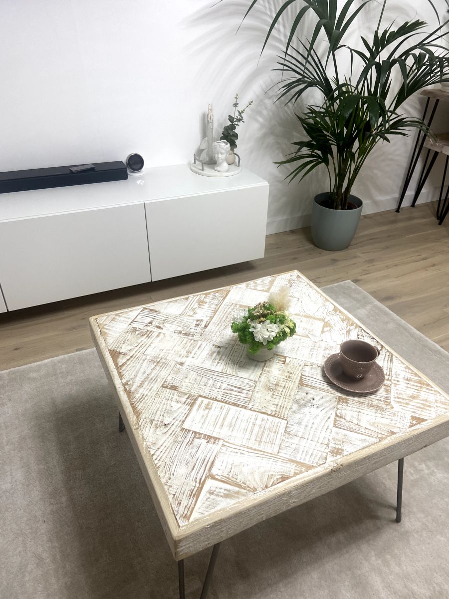 Handmade double herringbone coffee table with distressed reclaimed wood top and metal legs – rustic and bold living room centerpiece