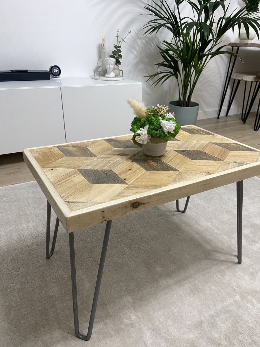 Handcrafted 3D reclaimed wood coffee table with block pattern top and black hairpin legs, rustic and modern design