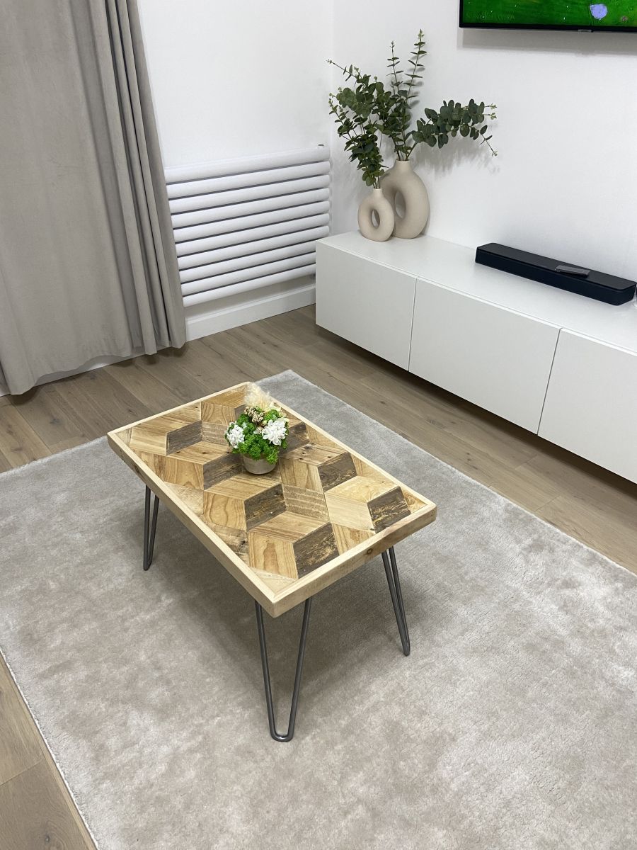 Handcrafted 3D reclaimed wood coffee table with block pattern top and black hairpin legs, rustic and modern design