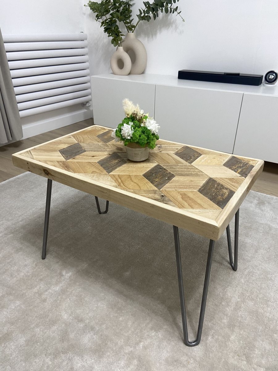 Handcrafted 3D reclaimed wood coffee table with block pattern top and black hairpin legs, rustic and modern design