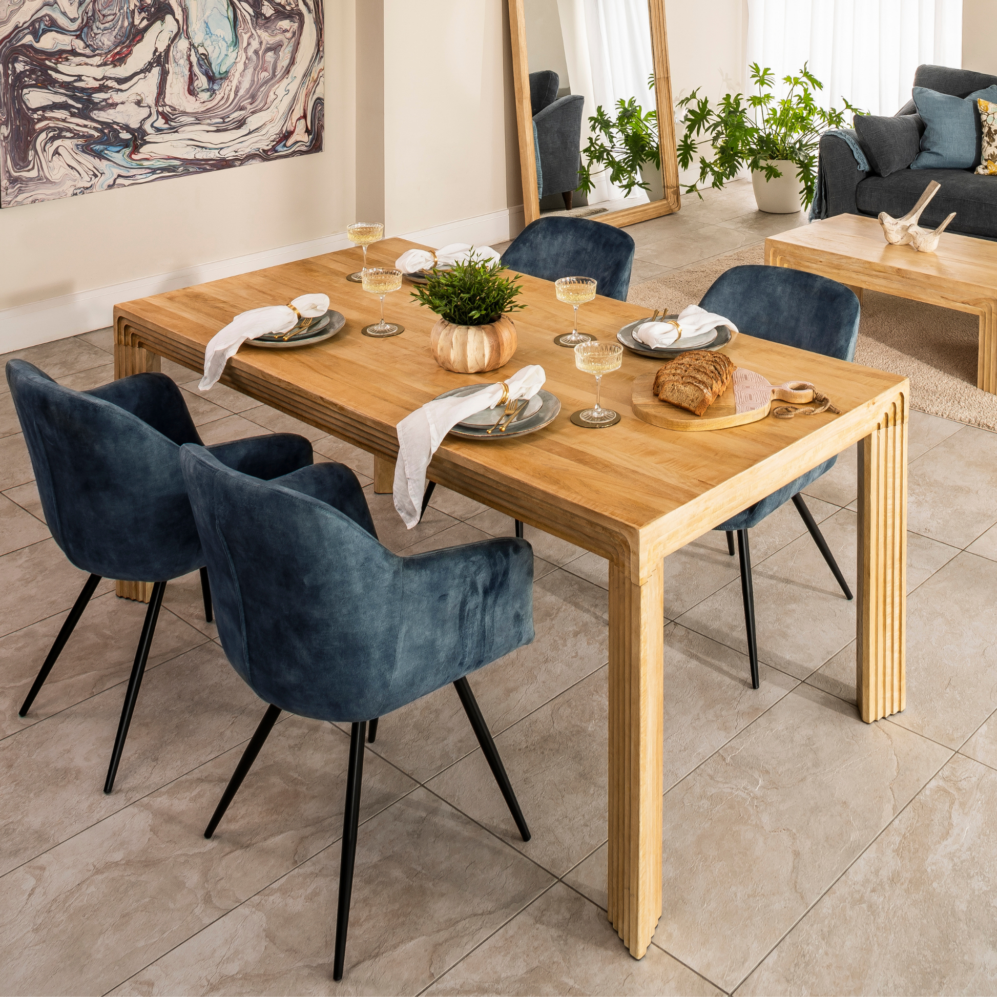 180cm rectangular mango wood dining table with layered legs and polished finish – seats 6 – Arcura Collection