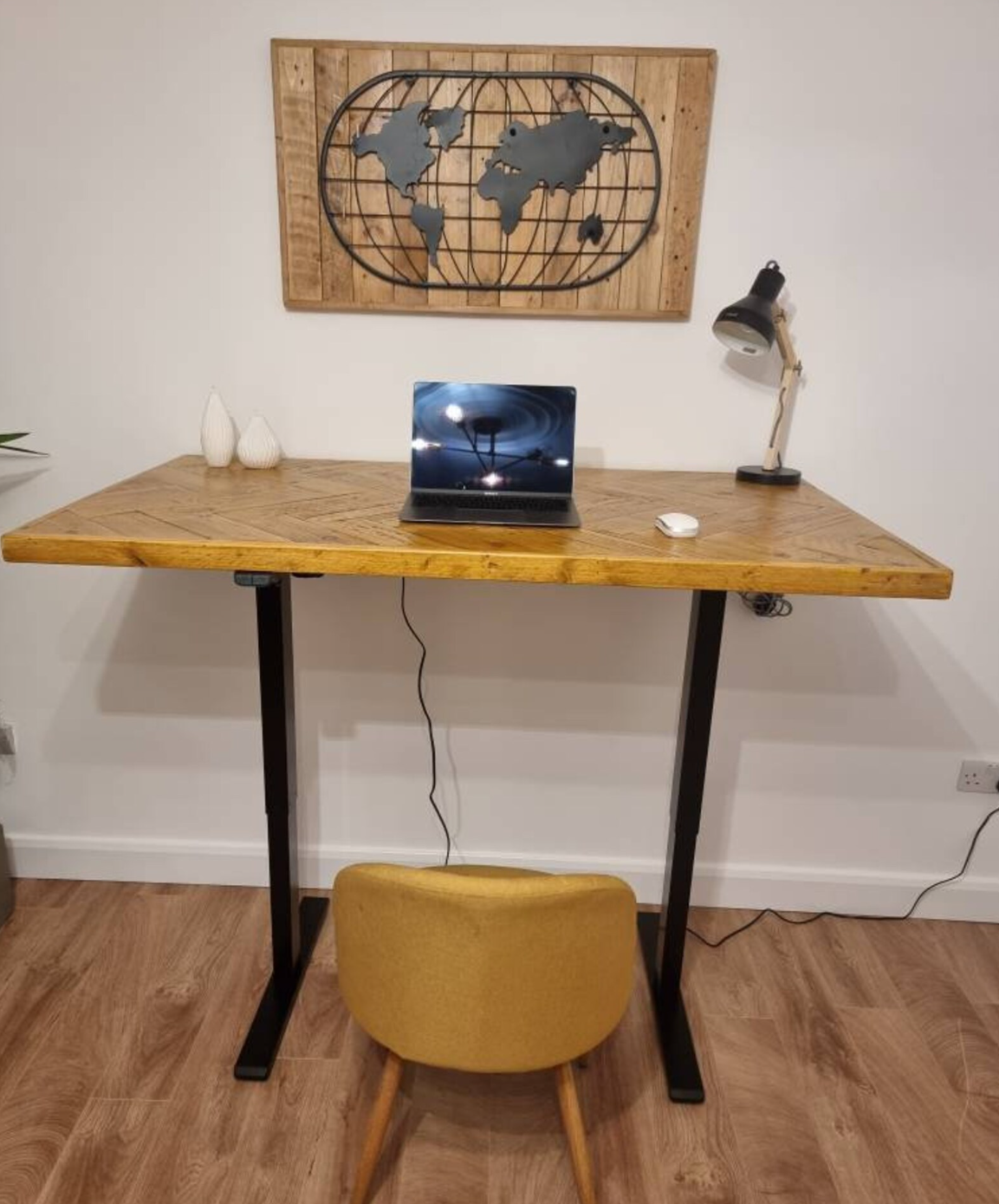 Adjustable height desk with reclaimed wood double herringbone top and electric legs, featuring LED smart handset with memory presets and child lock – handcrafted sit-stand desk for home or office.
