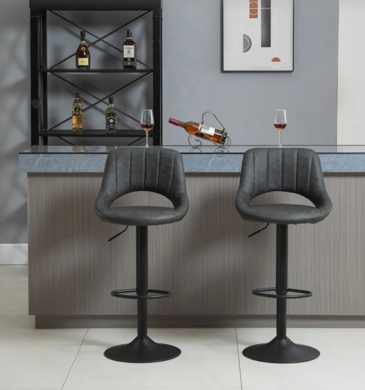 Barstools Set of 2 Adjustable Swivel Height Gas Lift PU Leather Counter Chairs with Footrest – Grey