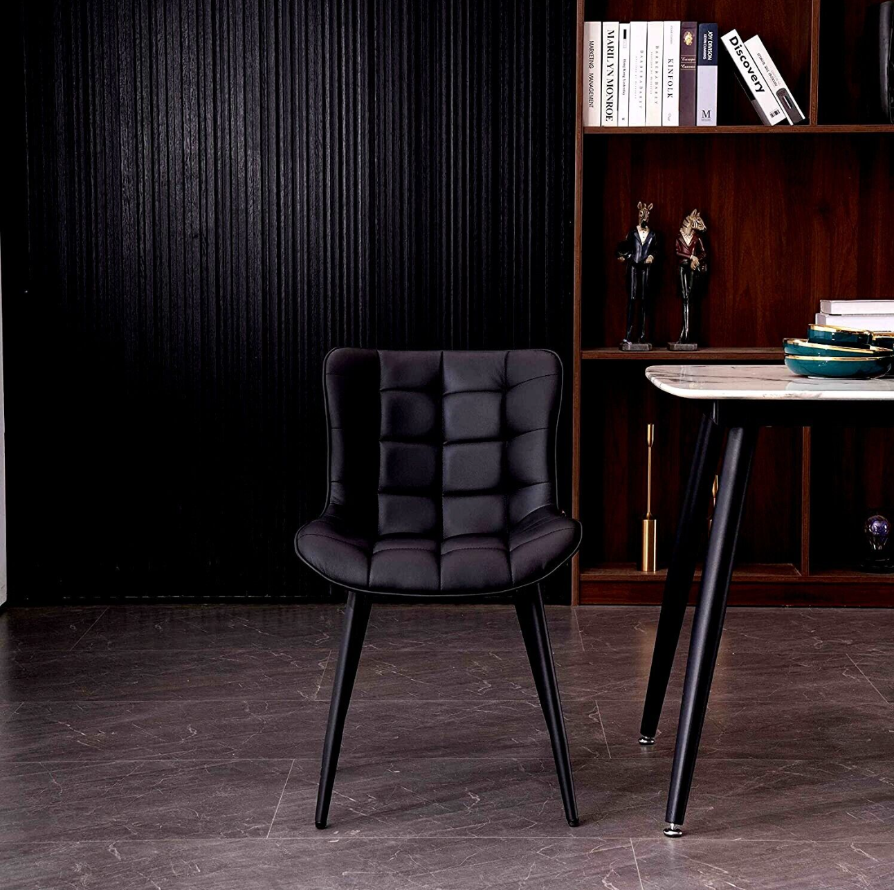 Black PU leather dining chair with soft padded seat and metal legs – set of 2