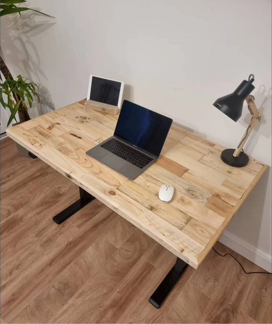 Adjustable height desk with reclaimed wood top and electric legs, featuring LED smart handset with memory presets and child lock – handcrafted sit-stand desk for home or office.