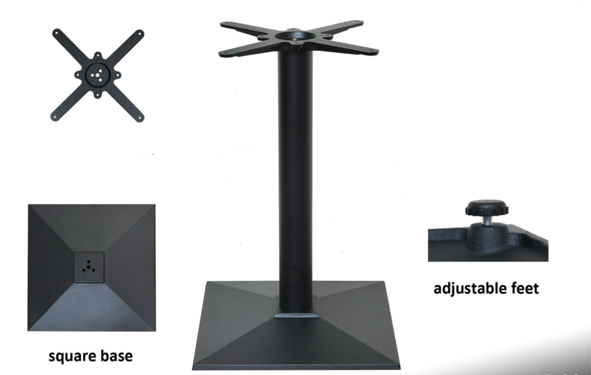 Handmade square bistro table with double herringbone reclaimed wood top and black cast iron pedestal base, finished with natural wax
