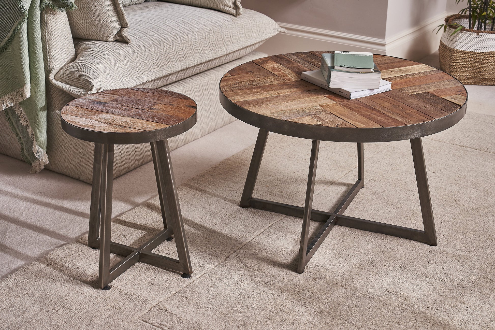 Compact reclaimed wood side table or industrial stool with sealed steel legs – Dockhouse Series