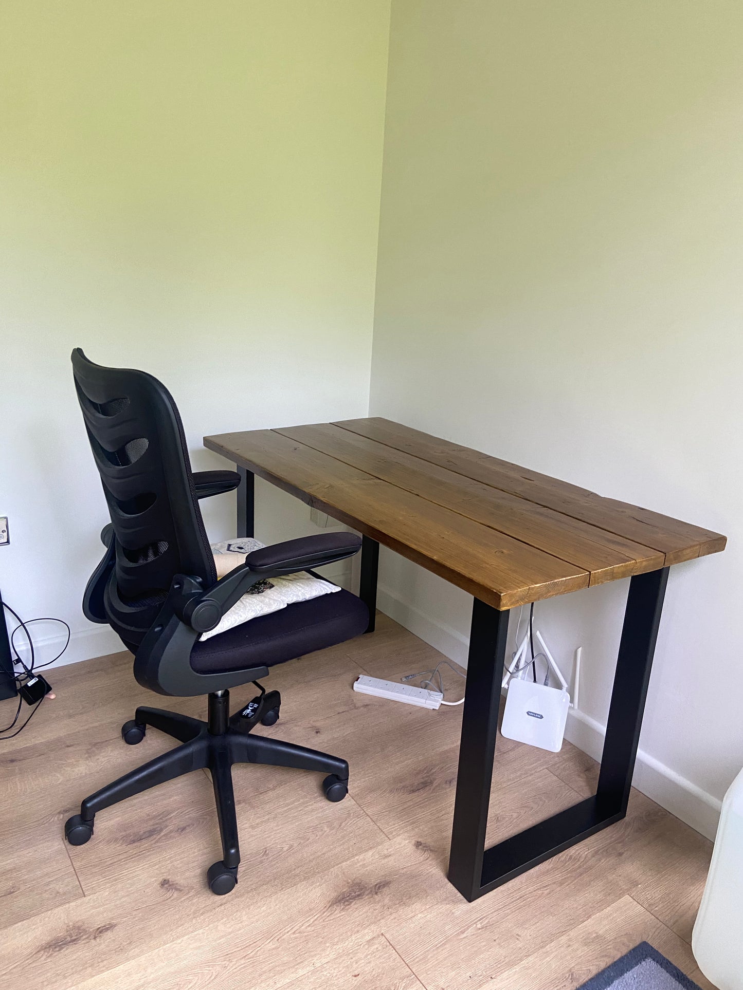 Handmade industrial desk made from reclaimed scaffold boards with steel legs – rustic wood workstation for home office or computer use.