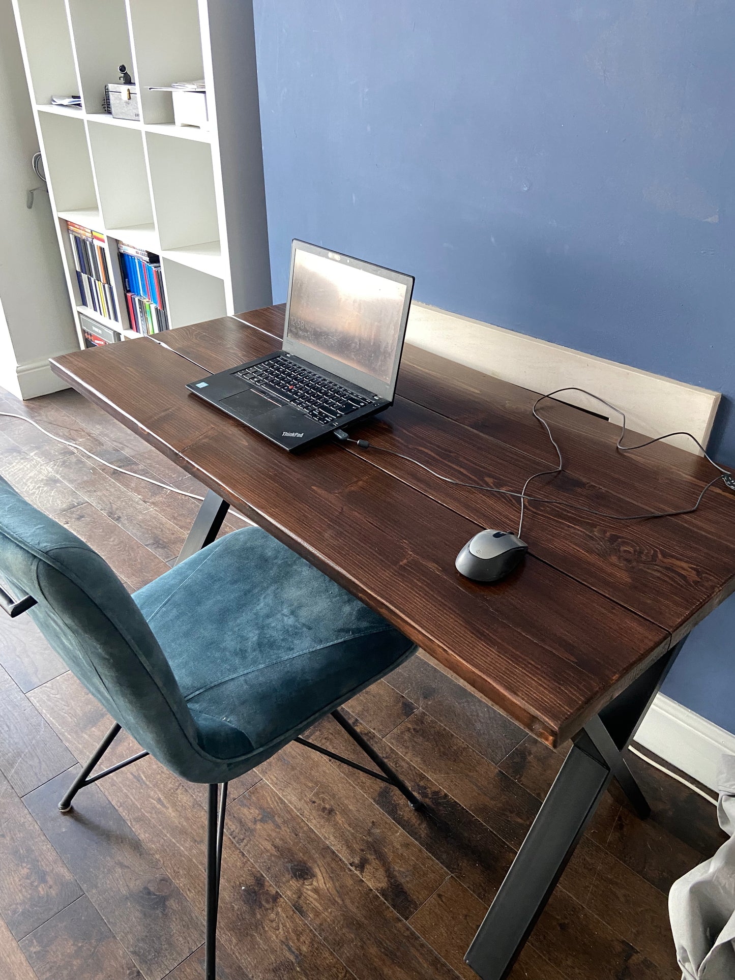Handmade industrial desk made from reclaimed scaffold boards with steel legs – rustic wood workstation for home office or computer use.
