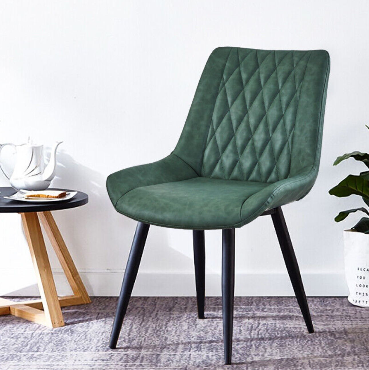 Green faux leather dining chair with diamond stitching and padded seat – set of 2