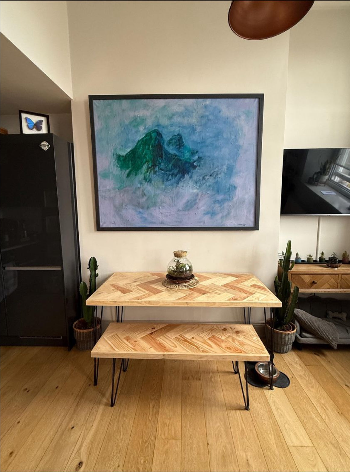 Handcrafted Herringbone Dining Table with Reclaimed Wood and Custom Legs - The Rough Wood UK