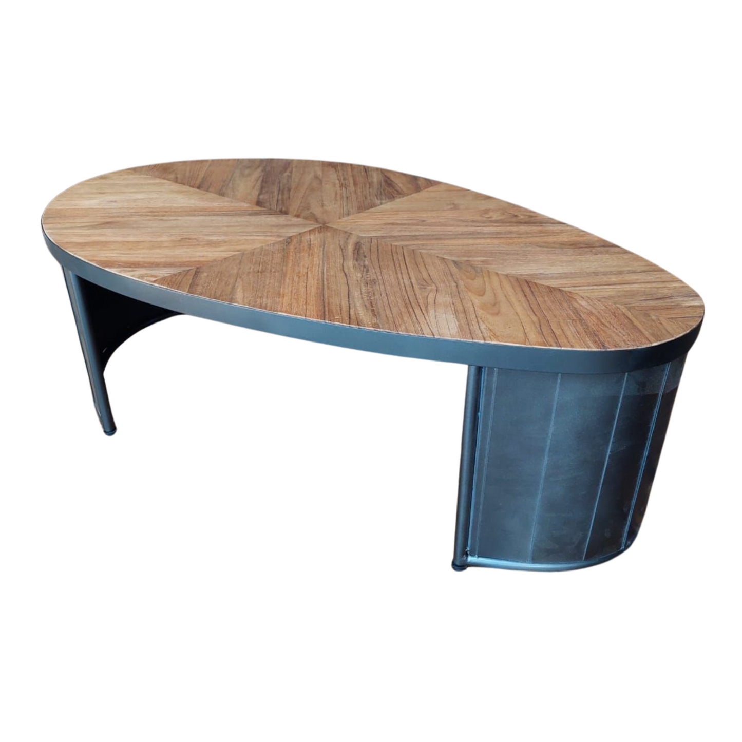 Egg-shaped reclaimed teak coffee table with pleated black metal base – Ironwood Series