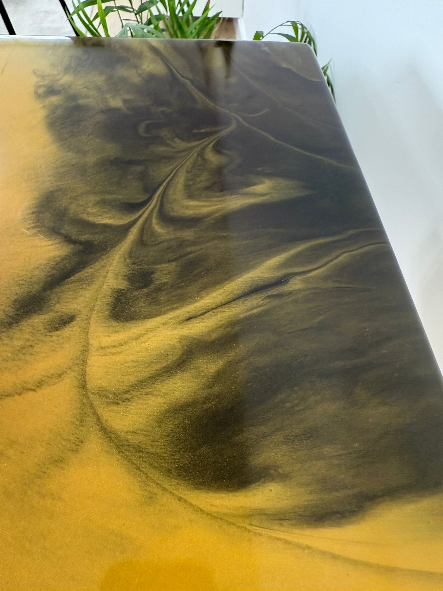 Handmade square epoxy resin dining table with artistic resin top and custom metal base – made to order in the UK.