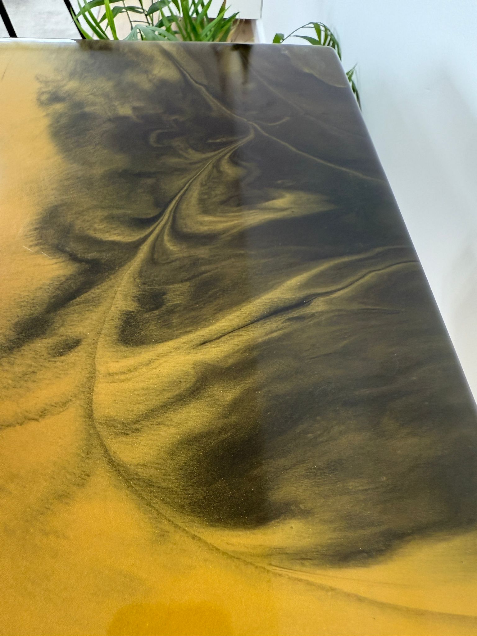 Handmade square epoxy resin dining table with artistic resin top and custom metal base – made to order in the UK.
