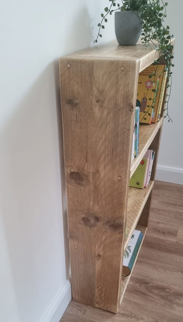 Reclaimed wood bookshelf with rustic finish – handcrafted storage shelf made from scaffold boards, available in custom sizes and finishes