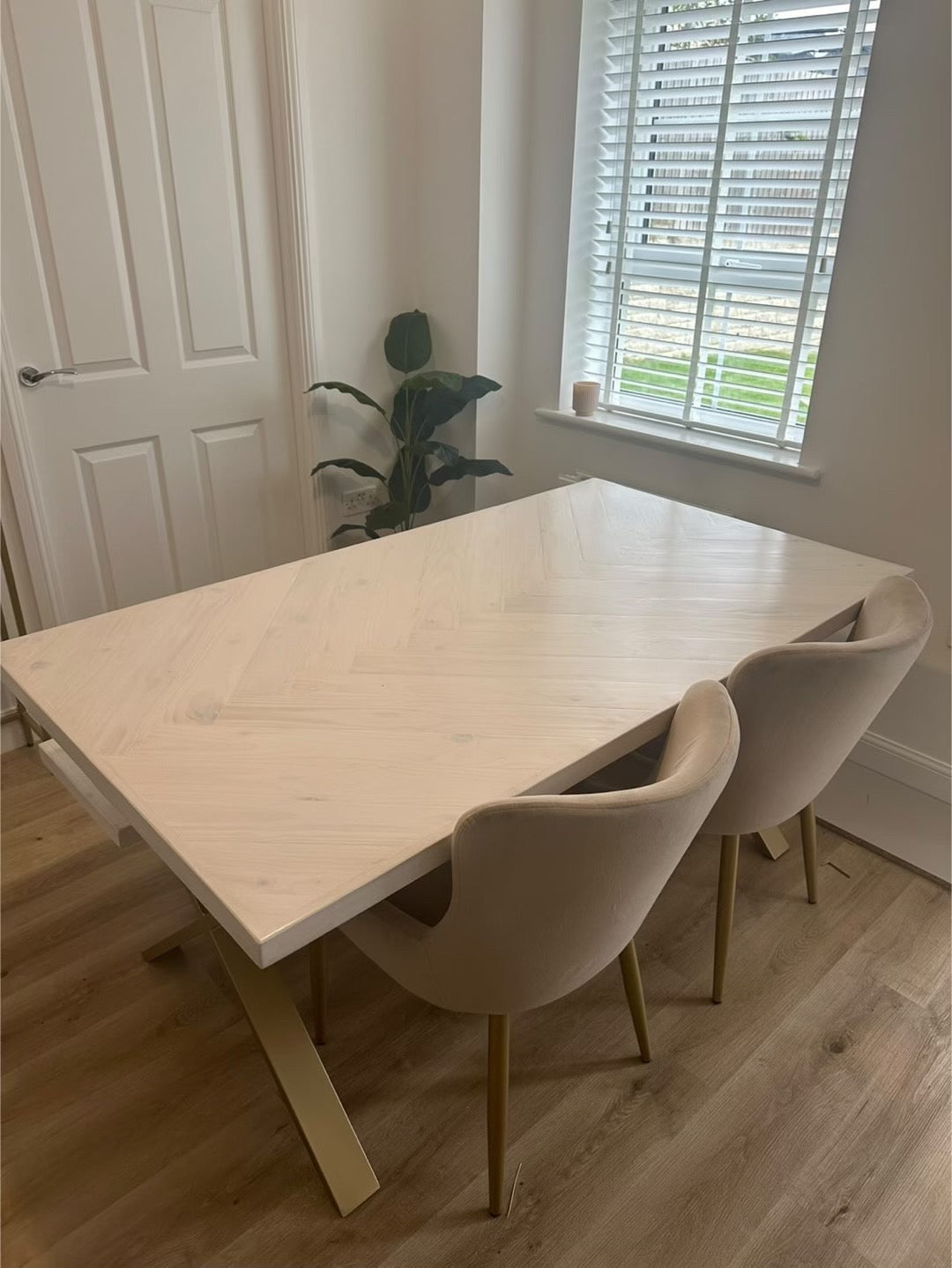 Handcrafted Herringbone Dining Table with Reclaimed Wood and Custom Legs - The Rough Wood UK