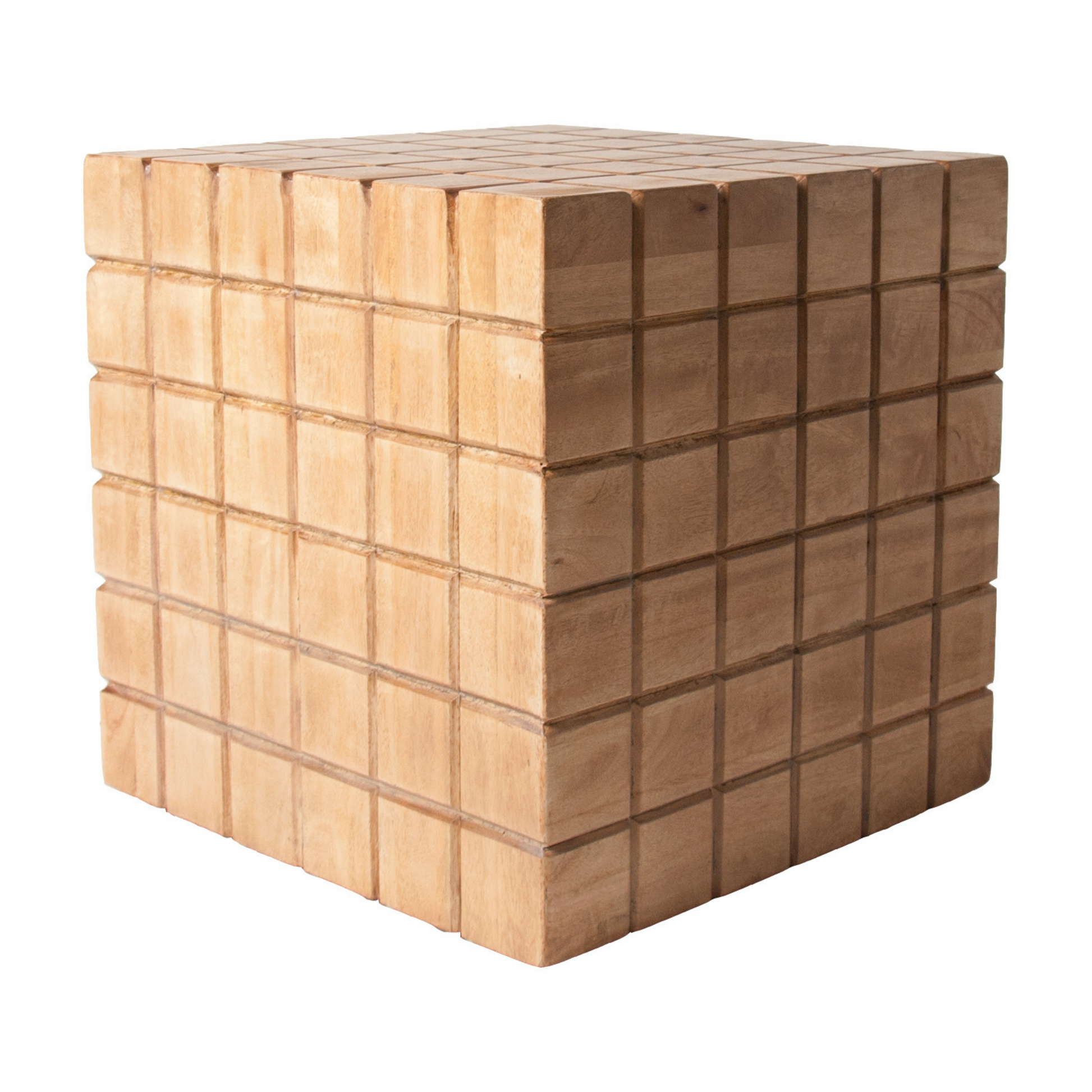 Handcrafted mango wood cube side table with carved grid pattern – natural finish from the Arcura Collection