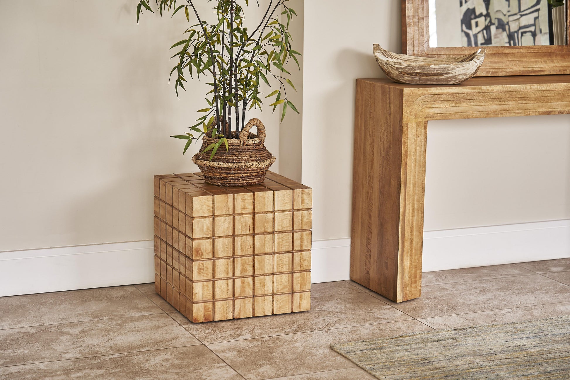 Handcrafted mango wood cube side table with carved grid pattern – natural finish from the Arcura Collection