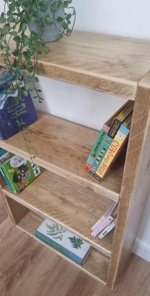 Reclaimed wood bookshelf with rustic finish – handcrafted storage shelf made from scaffold boards, available in custom sizes and finishes
