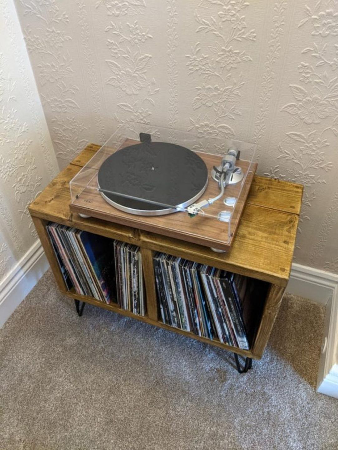 Reclaimed wood vinyl record cabinet with black hairpin legs – handcrafted DJ storage unit made to order