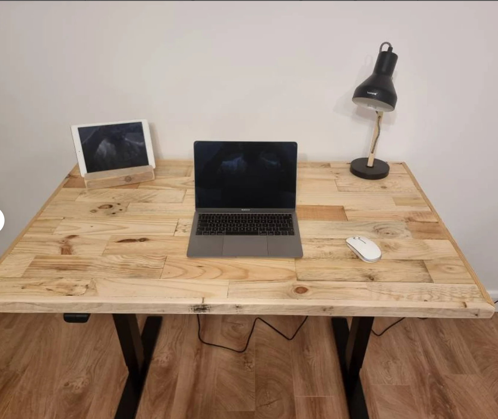 Adjustable height desk with reclaimed wood top and electric legs, featuring LED smart handset with memory presets and child lock – handcrafted sit-stand desk for home or office.