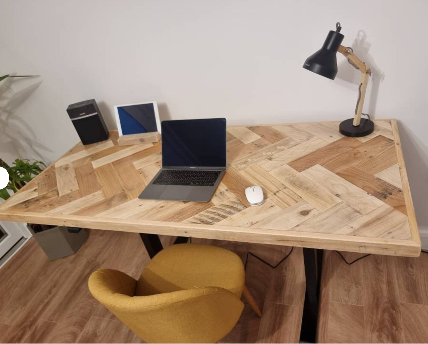 Adjustable height desk with reclaimed wood double herringbone top and electric legs, featuring LED smart handset with memory presets and child lock – handcrafted sit-stand desk for home or office.
