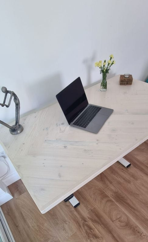 Adjustable height desk with reclaimed wood herringbone top and electric legs, featuring LED smart handset with memory presets and child lock – handcrafted sit-stand desk for home or office.